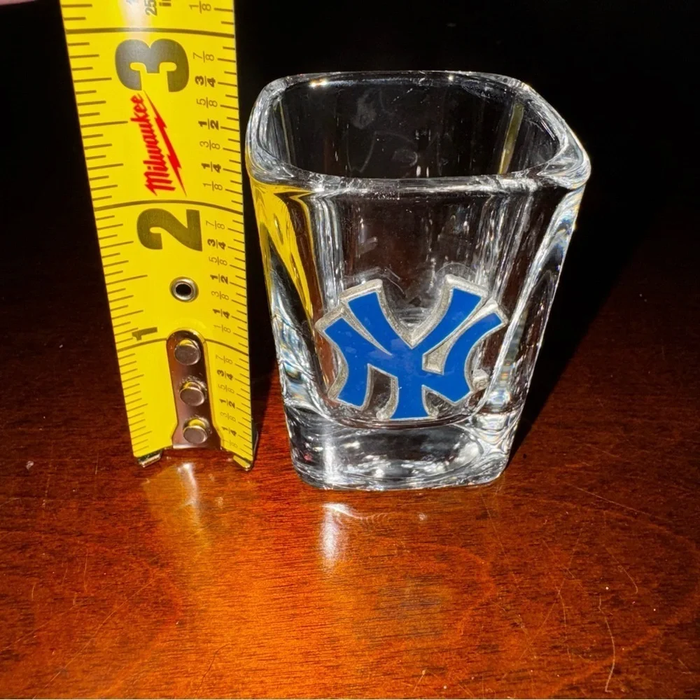 Unique Rare Hard To Find NY Yankees Shot Glass Blue Metal Logo 2.5” Tall Yanks